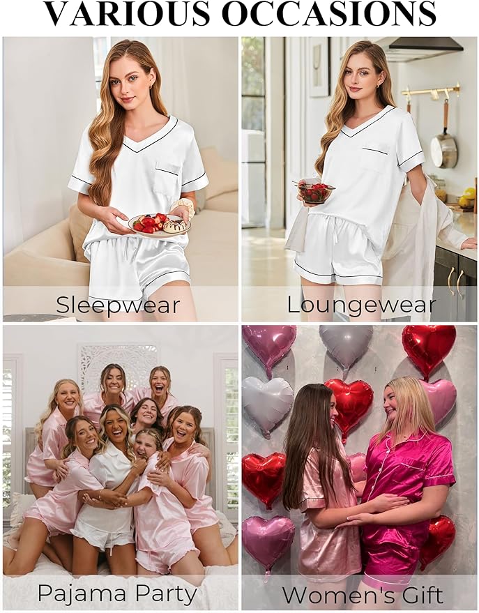 Silk Pajamas for Women Short Sleeve Satin 2 Piece Pj Set Soft V Neck Sleepwear Loungewear, S-XXL