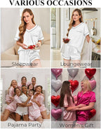 Silk Pajamas for Women Short Sleeve Satin 2 Piece Pj Set Soft V Neck Sleepwear Loungewear, S-XXL