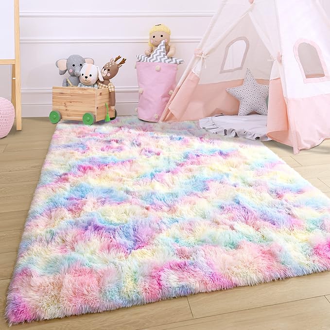 Noahas 6x9 Fluffy Rainbow Rugs for Bedroom Girls,Large Kids Room Rug,Shaggy Area Rugs for Living Room,Big Fuzzy Colorful Playroom Nursery Carpets Room Decor