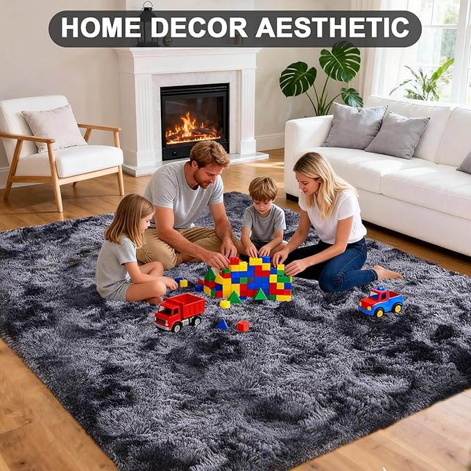 Shag Area Rugs 4x6 Feet, Tie-Dyed Plush Fuzzy Rug for Living Room, Ultra Soft Fluffy Furry Rugs for Bedroom, Indoor Floor Shag Carpet Nursery Rugs for Kids Room Home Decor, Black Grey