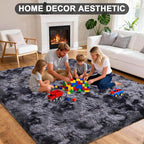 Large Shag Area Rugs 5x7 Feet, Tie-Dyed Plush Fuzzy Rug for Living Room, Ultra Soft Fluffy Furry Rugs for Bedroom, Indoor Big Carpet Nursery Rugs for Kids Room Home Decor, Black Grey