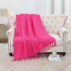 Chunky Knit Throw Blanket with Braided Tassels 50" x 60", Hand Knitted Soft Thick Yarn Basket Weave Boho Farmhouse Blanket, Plush Fluffy Tassel Decor Throw for Couch Bed Sofa, Hot Pink