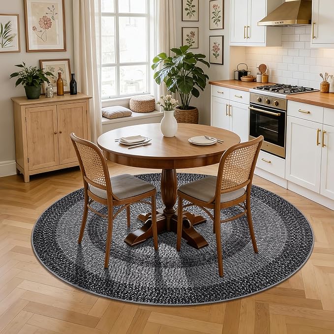 Modern Bordered Round Area Rug 4ft Washable Bedroom Circle Rugs Non Slip Stain Resistant Dining Room Round Throw Carpet Contemporary Circle Mats for Living Room Kitchen Nursery, Black
