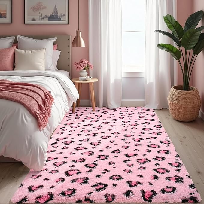 HOMORE Leopard Print Rugs, 5x8 Pink Leopard Rug for Girls Bedroom, Soft Cheetah Print Rugs for Living Room Western Decor, Modern Indoor Fluffy Area Rug for Kids Nursery Dorm Decor