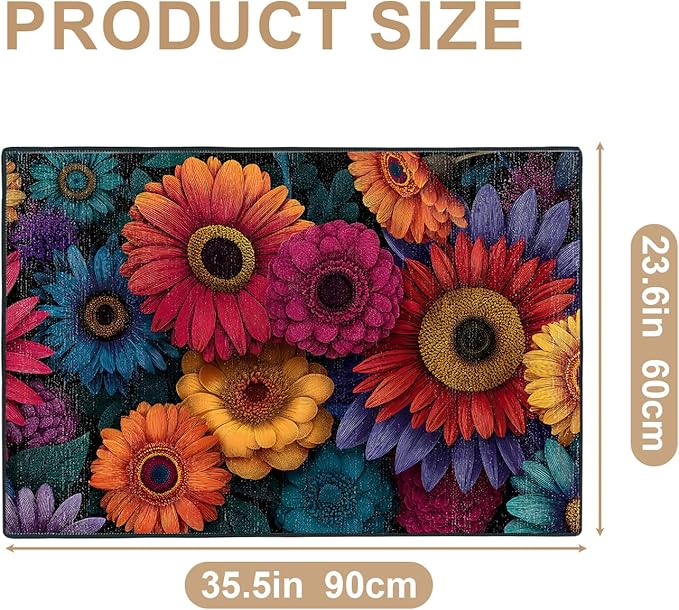 Flower Area Rug 2x3 ft Entry Rug Washable BohemianRugs Non Slip Low Pile Floral Door Mat Small Carpet for Bedroom, Bedside, Kids Room, Office, Dining Room