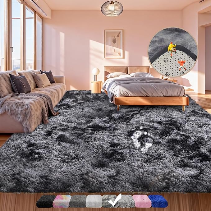 Shag Area Rugs 4x6 Feet, Tie-Dyed Plush Fuzzy Rug for Living Room, Ultra Soft Fluffy Furry Rugs for Bedroom, Indoor Floor Shag Carpet Nursery Rugs for Kids Room Home Decor, Black Grey