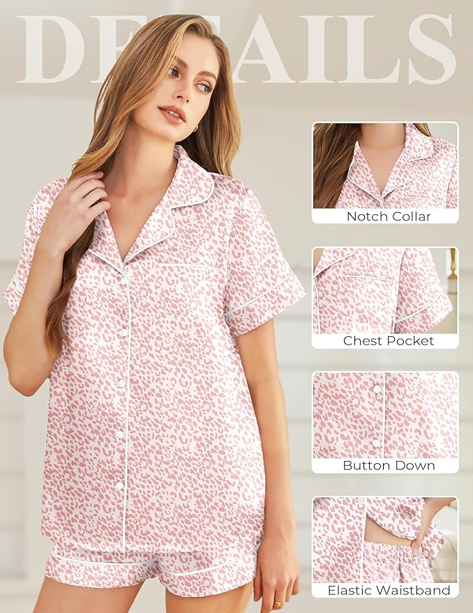 Silk Pajamas for Women Short Sleeve Sleepwear Soft Button Down Loungewear 2 Piece Satin Pjs Shorts Set S-XXL