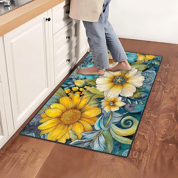 Flower Area Rug 2x3 ft Entry Rug Washable Boho Rugs Non Slip Low Pile Floral Door Mat Small Carpet for Bedroom, Bedside, Kids Room, Office, Dining Room