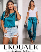 Ekouaer Womens Satin Silky Pajama Set Short Sleeve Shirt with Long Pajama Pant Set Soft PJ Loungewear