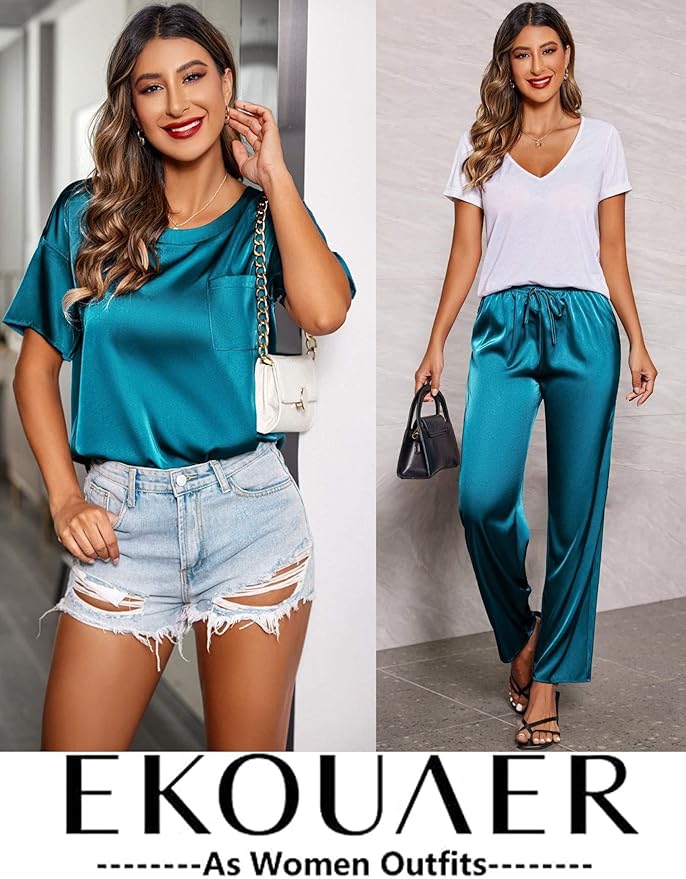 Ekouaer Womens Satin Silky Pajama Set Short Sleeve Shirt with Long Pajama Pant Set Soft PJ Loungewear