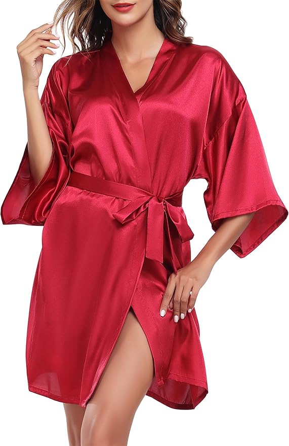Women's Short Satin Robe Silky Bathrobes Bridal Bridesmaid Kimono Robe V-Neck Sleepwear S-XXL