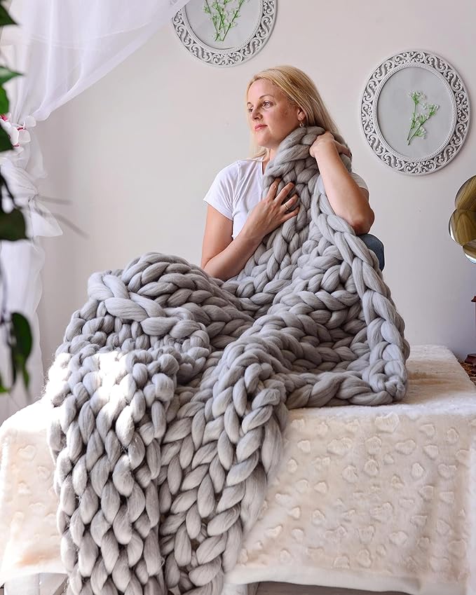 Boho Throw Blanket - Chunky Knit Blanket Full Size Blanket for Adult 54x75 Pink, Boho Blanket Bed Decor, Knit Blanket for Couch, Birthday Gift for Women, Ideas (Light Pink, 54"x75")