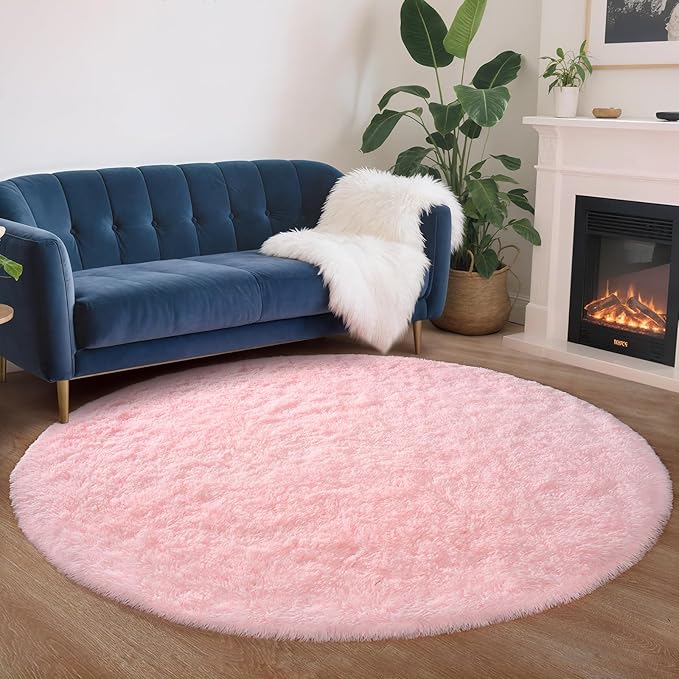 Blivonta Pink Round Rug for Bedroom, 4Ft Fluffy Circle Area Rugs for Living Room, Shag Fuzzy Carpet for Kids Room, Nursery, Dorm, Classroom, Teen, Cute Baby Play Mat Home Decor Aesthetic