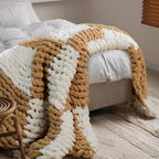 Tudomro Checkered Chunky Knit Throw Blanket for Couch 50 x 60 Inches Neutral Decor 100% Hand Knitted Cozy Soft Large Rope Knot Crochet Blankets for Sofa Living Room(Ivory and Brown)