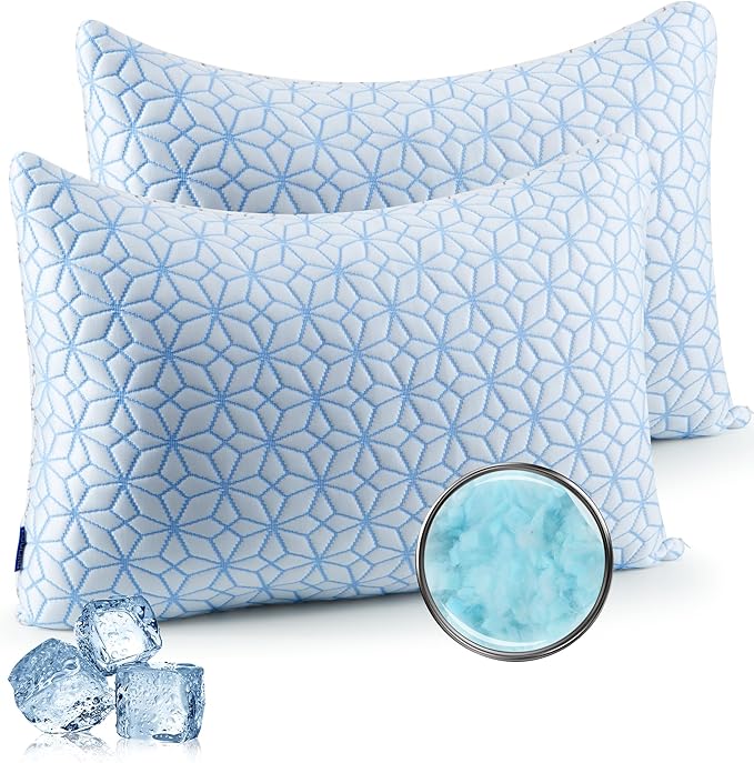 puredown® King Size Pillows Set of 2, Cooling Pillow King Size 2 Pack, Adjustable Shredded Memory Foam Pillows for Side Back Stomach Hot Sleepers, Ice Blue
