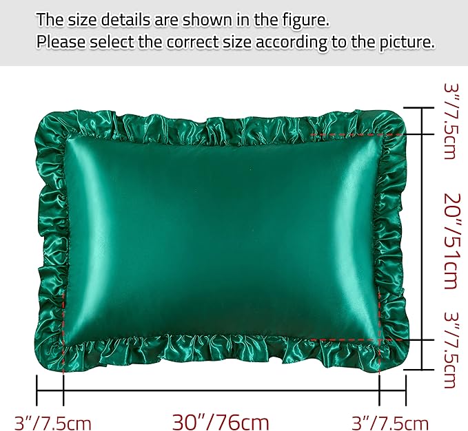 Silky Satin Ruffled Pillow Cases for Hair and Skin,Blackish Green Silk Pillowcases Queen Set of 2 with Envelope Closure Princess Room Decoration