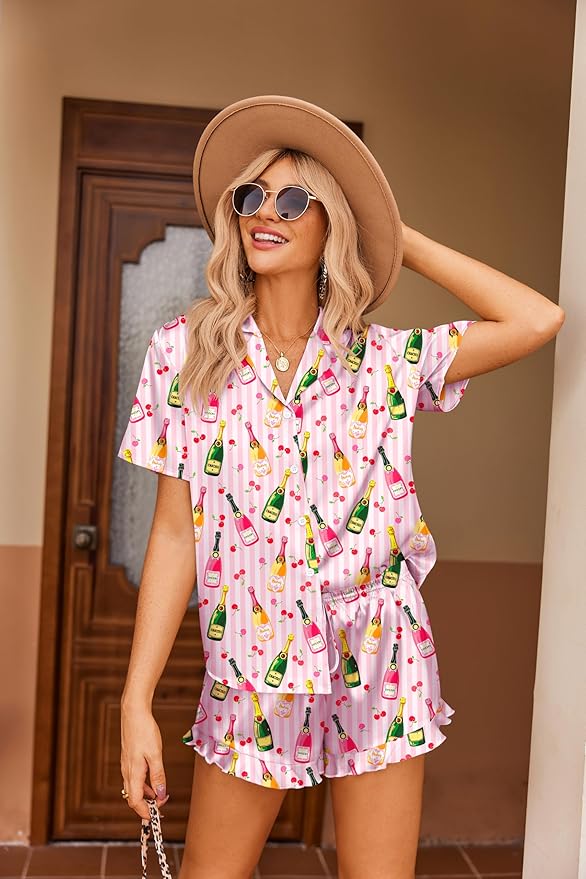 Ekouaer Womens Satin Pajamas Set Button Down 2 Piece Silk Pjs Shorts Set Ruffle Lingerie Notch Collar Sleepwear