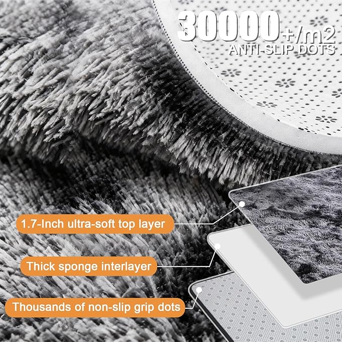 Large Shag Area Rugs 8x10, Tie-Dyed Plush Fuzzy Shaggy Rug for Living Room, Ultra Soft Fluffy Furry Rugs for Bedroom, Indoor Carpet Nursery Rugs for Kids Girls Boys Dorm Room Home Decor, Black Grey