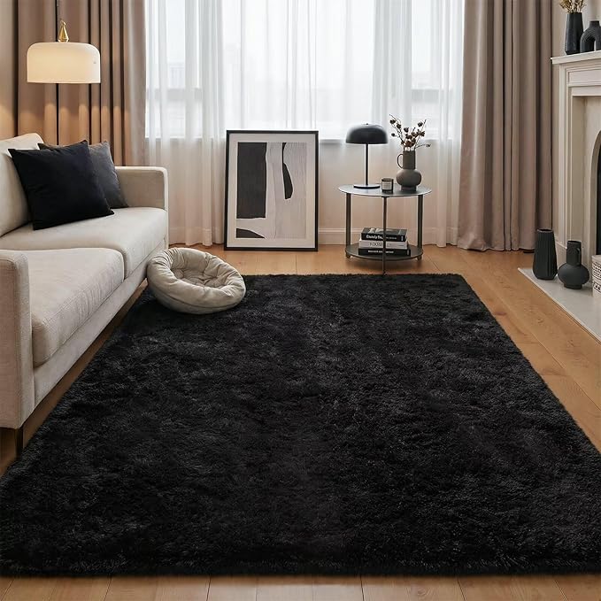 junovo 8x10 Black Washable Area Rug for Boys Bedroom Living Room, Soft Non-Slip Fluffy Rugs, Shag Plush Memory Foam Carpet for Kids Room Baby Nursery Home Decor