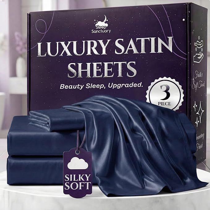 SLEEP SANCTUARY Satin Sheets Twin Size – 3 Piece Luxury Silky Bed Set, Softer Than Silk, 15" Deep Pocket, Cooling & Wrinkle-Free, Moisture-Wicking & Breathable for Hair & Skin (Navy Blue)