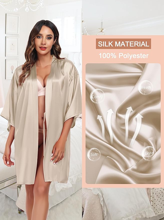 Women's Short Satin Robe Silky Bathrobes Bridal Bridesmaid Kimono Robe V-Neck Sleepwear S-XXL