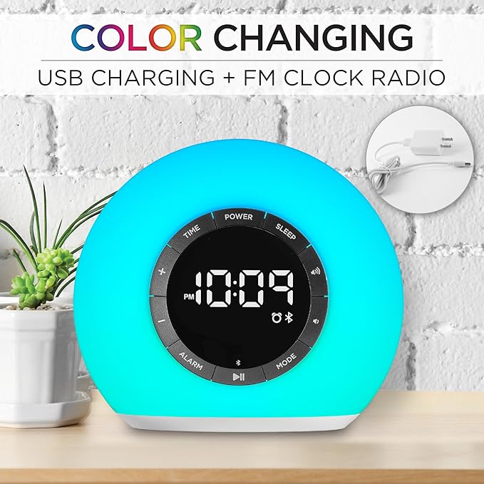 iHome Sunrise Alarm Clock Radio with Bluetooth Speaker, Color Changing Lamp, and USB Charging (iBT32)