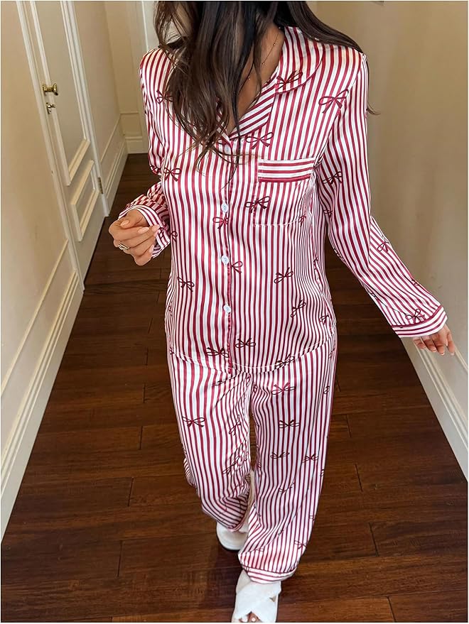 WDIRARA Women's 2 Piece Bowknot Print Satin Pajama Set Long Sleeve Button Down Lounge Pants Sleepwear Sets