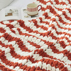 Amélie Home Chunky Knit Throw Blanket for Couch, Soft Chenille Handmade Crochet Throw Rope Knot Blanket for Couch, 50"x60", Burnt Orange & White Striped