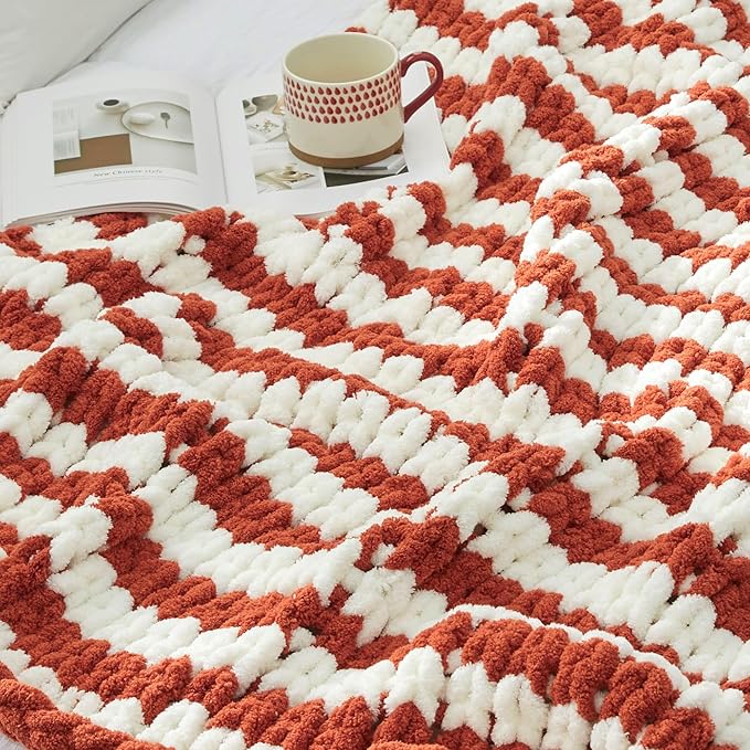 Amélie Home Chunky Knit Throw Blanket for Couch, Soft Chenille Handmade Crochet Throw Rope Knot Blanket for Couch, 50"x60", Burnt Orange & White Striped
