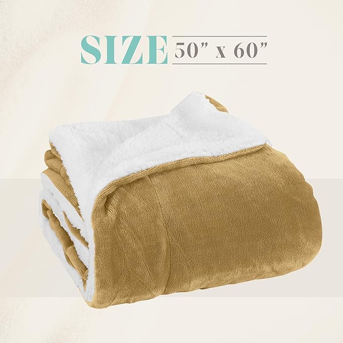 Elegant Comfort Throw Blanket, Reversible Sherpa Flannel, Ultra-Soft, Fuzzy, Cozy and Plush- All Season Lightweight Decorative Throw, 50 x 60 inches, Solid Sherpa Throw, Gold (Pack of 2)