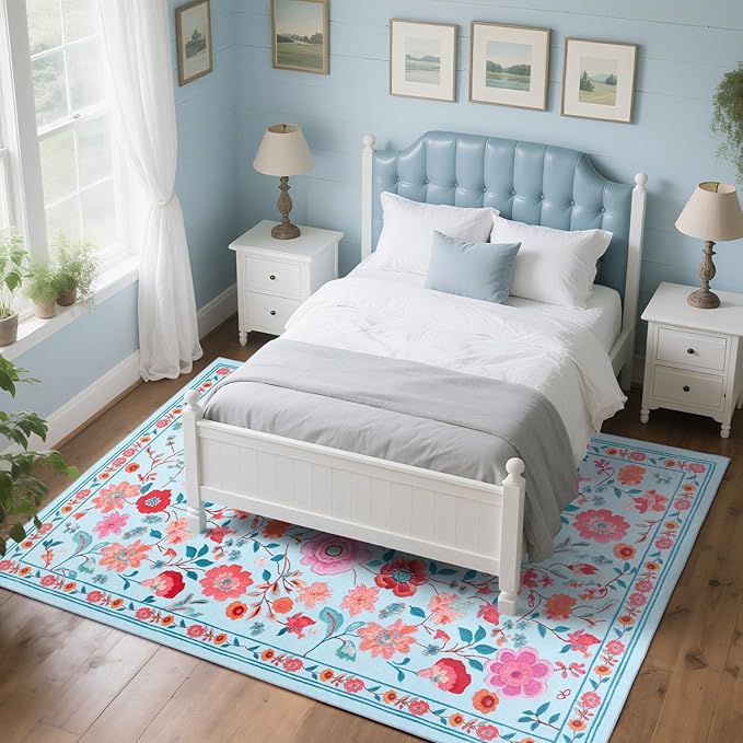 CRYPTOLITE 8x10 Area Rug for Living Room Clearance, Modern Washable Rug Non Slip Low Pile Floral Rugs for Living Room, Bedroom, Farmhouse, Dining Room, Kids Playroom, Blue