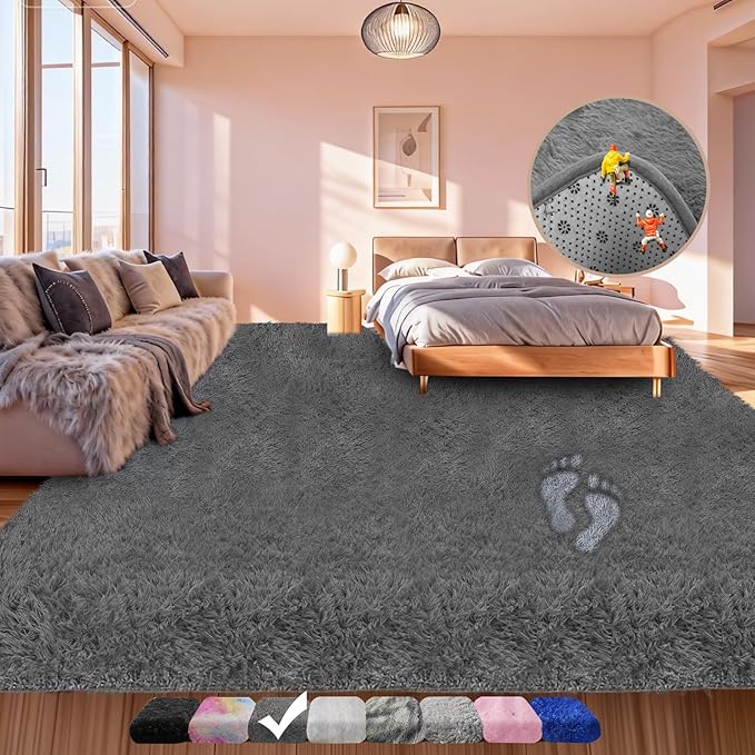 Shag Area Rugs for Living Room Grey, Soft Fluffy 4x6 Feet Fuzzy Plush Bedroom Rug, Shaggy Floor Carpets for Kids Girls Boys Room, Dorms, Nursery, Home Decor Aesthetic, Upgrade Anti-Skid