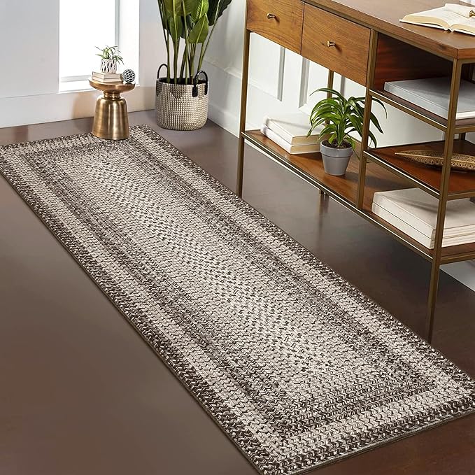 RUGSREAL Runner Rug for Hallway Kitchen Runner Rug 2x10, Machine Washable Long Runner Throw Carpet with Rubber Backing, Stain Resistant Braided Printed Entryway Carpet for Bedroom Living Room, Mocha