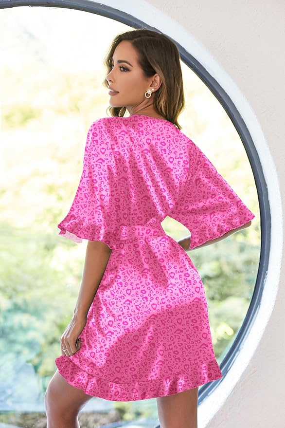 Ekouaer Womens Silk Ruffle Robe Short Satin Kimono Robe Half Sleeve Bathrobe Bridesmaid Wedding Party Dressing Gown