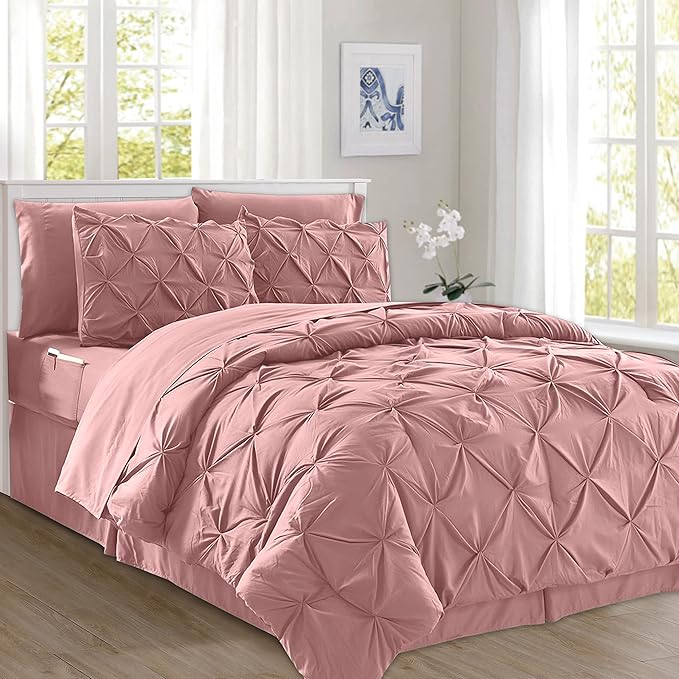 Elegant Comfort 8-Piece Pinch Pleated Comforter Set - All Season Complete Bed in a Bag, Includes 4pc Smart Sheet Set, Bed Skirt, Comforter, Matching Pillowcases and Shams, Twin/Twin XL, Dusty Rose