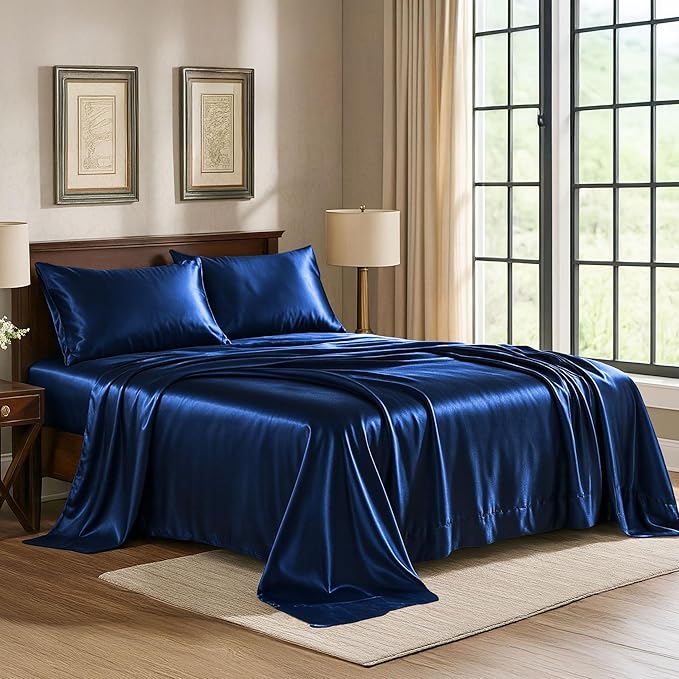 Pure Bedding Satin Sheets Twin [3-Piece, Navy] Hotel Luxury Silky Bed Sheets - Extra Soft 1800 Microfiber Sheet Set, Wrinkle, Fade, Deep Pocket Fitted Sheet, Flat Sheet, Pillow Cases