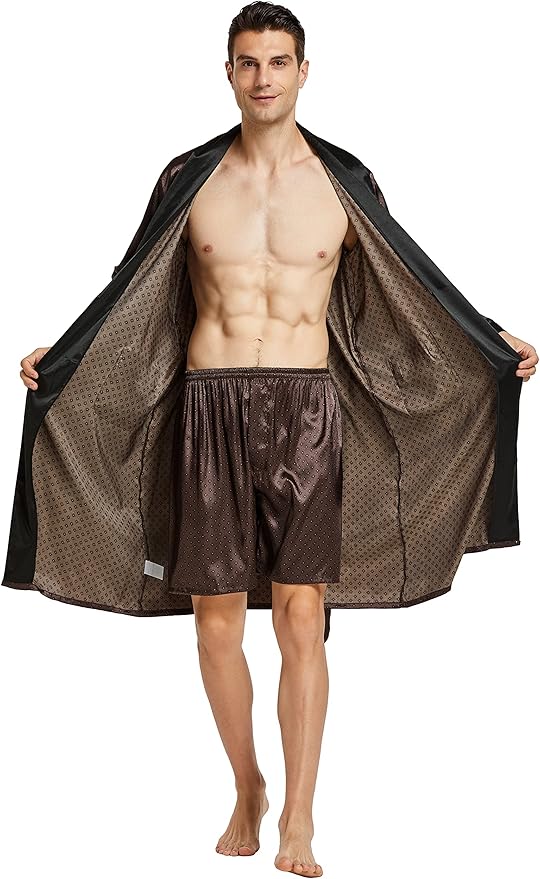 Tony & Candice Men's Satin Robe Lightweight Long Sleeve Silk Kimono Bathrobe with Shorts Set Sleepwear