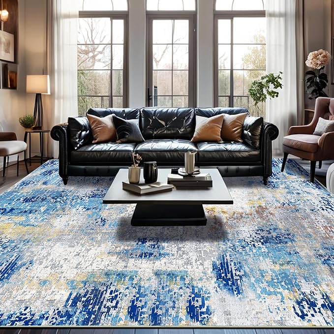 Area Rug 8x10 Washable Rugs Modern Abstract Area Rug Soft Non-Slip Non-Shedding Faux Wool Stain Resistant Floor Carpets for Living Room Bedroom Dining Room Kids Room Home Office (Blue, Ivory)