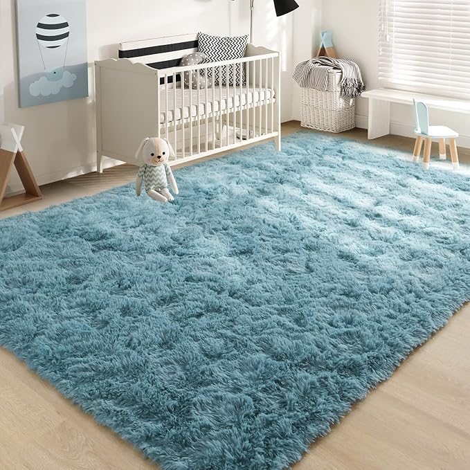 YJ.GWL Area Rugs for Living Room Bedroom, 4x6 Machine Washable Large Teal Carpet, Soft Fluffy Shaggy Thick Big Shag Indoor Floor Rug for Kids Boy and Girls Room Dorm Home Decor Aesthetic