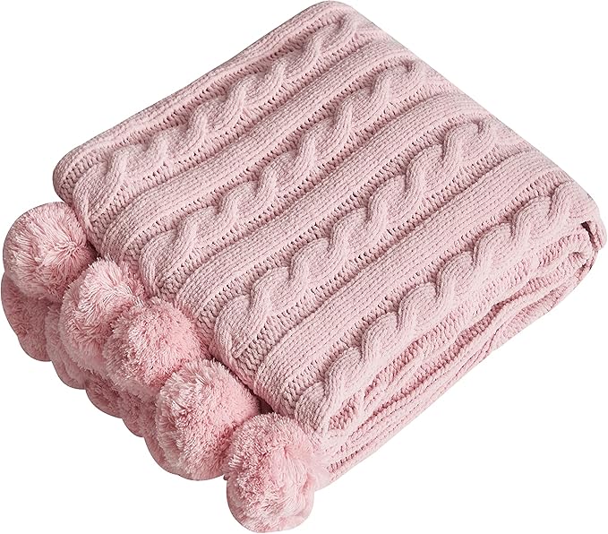 Chenille Chunky Knitted Throw Blanket with 14 pcs Pom Poms Tassel Super Soft Cozy Warm Blanket for Sofa Bed Soft Couch 50 x60 inches (Pink)?-¡­