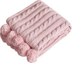 Chenille Chunky Knitted Throw Blanket with 14 pcs Pom Poms Tassel Super Soft Cozy Warm Blanket for Sofa Bed Soft Couch 50 x60 inches (Pink)?-¡­