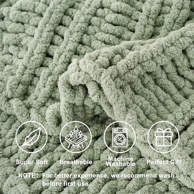 Battilo Chunky Knit Blanket Throw，Sage Throw Blanket for Couch, Thick Warm Soft Cozy Knitted Chenille Throw Blanket for Sofa, Bed, Living Room, 50"x60"