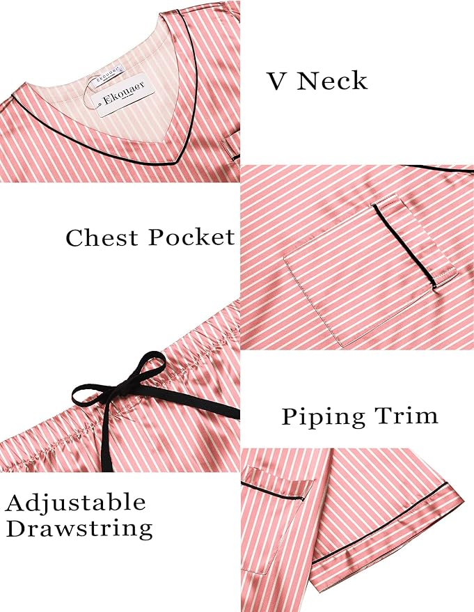 Ekouaer Silk Pajama for Women Short Sleeve Satin Pj Set Two Piece Soft Sleepwear Loungewear, S-XXL