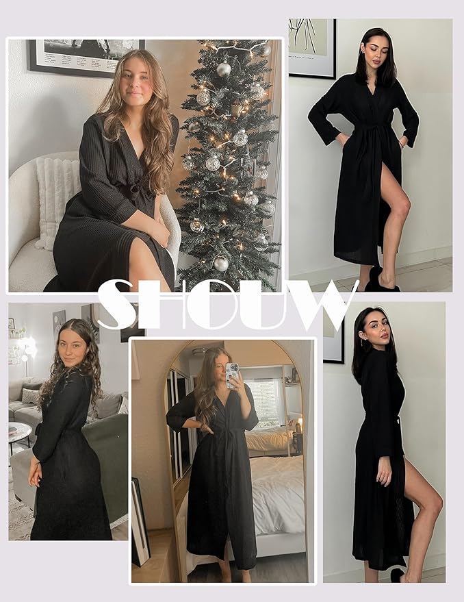Ekouaer Women's Robe Long Waffle Knit Bathrobe Lightweight Soft Kimono Robes Loungewear S-XXL