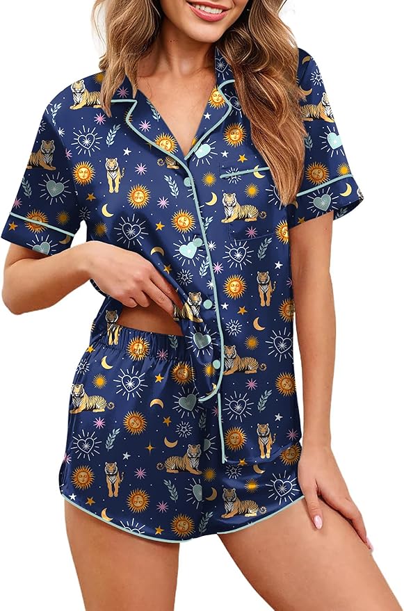 Ekouaer Womens Silk Satin Pajamas Set Short Sleeve Sleepwear Button Down Loungewear 2 Piece Pjs Shorts Set S-5X Plus Size