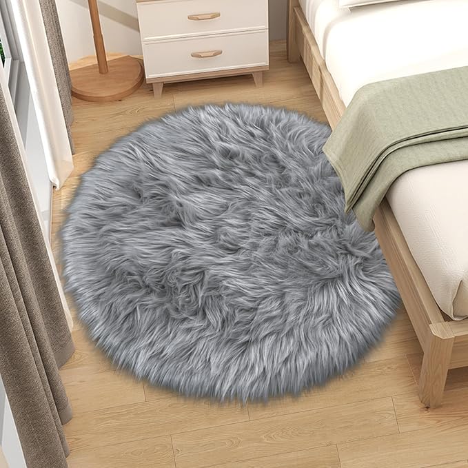 Grey Round Rugs for Bedroom, 4x4 Ft Fluffy Circle Area Rug for Kids Room, Furry Carpet for Teen's Room, Shaggy Circular Rug for Nursery Room, Fuzzy Plush Rug for Dorm Living Room Carpet