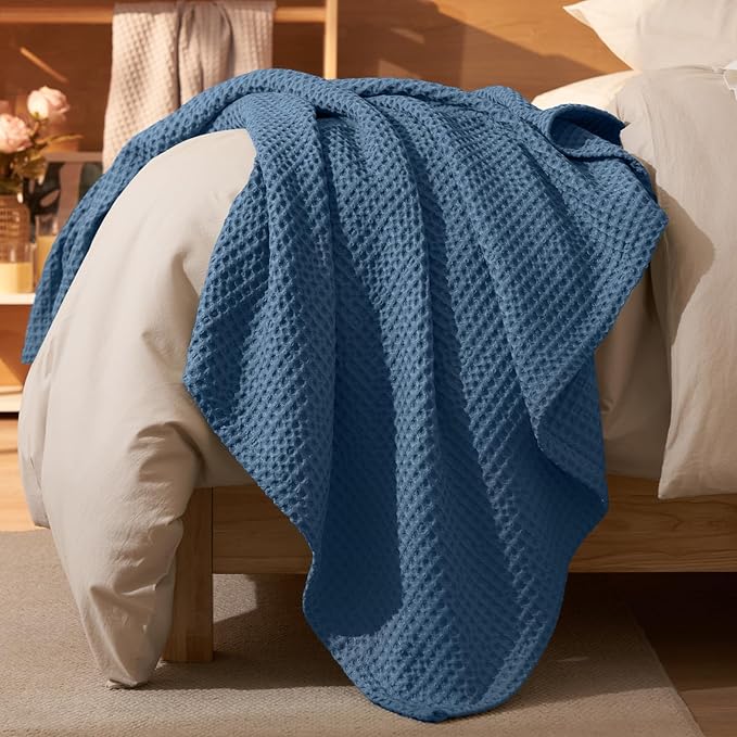 PHF Ultra Soft Waffle Weave Blanket Queen Size 90"x 90"- Washed Lightweight Breathablee Cozy Woven Blanket - Great for Couch Bed Sofa Home Car - Navy Blue
