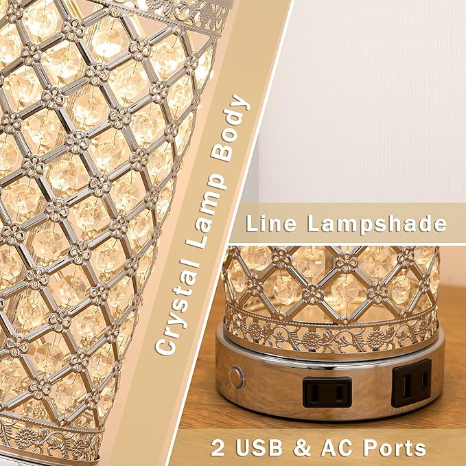 SAIWEYA Crystal Table Lamps Set of 2, 3-Way Dimmable Bedside Lamp with 2 USB Ports & AC Outlets for Living Room Bedroom Nightstand Lamp Night Light (Silver- 2 Pack 24In)