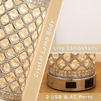 SAIWEYA Modern Crystal Table Lamp - 24in Silver Bedroom Lamps 3-Way Dimmable Touch Lamp with Night Light, 2 USB Ports + AC Outlet, Bedside Night Stand Lamp for Living Room Office (Silver- 1 Pack 24In)