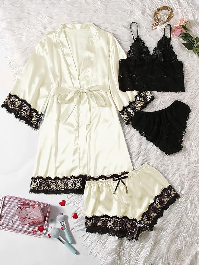 WDIRARA Women' Silk Satin Pajamas Set 4pcs Lingerie Floral Lace Cami Sleepwear with Robe